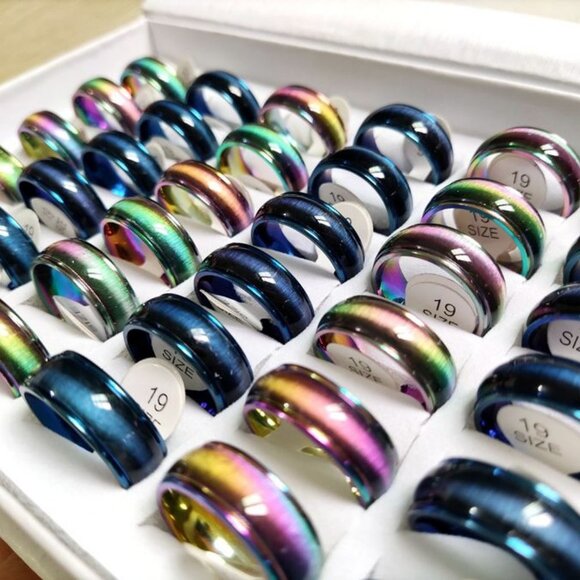 Other - Rainbow & Blue Glossy Stainless Steel Rings